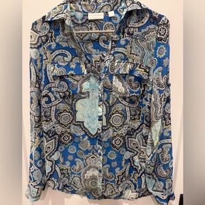 New York & Company Blue, teal and Black Collared Paisley Sheer Blouse XS